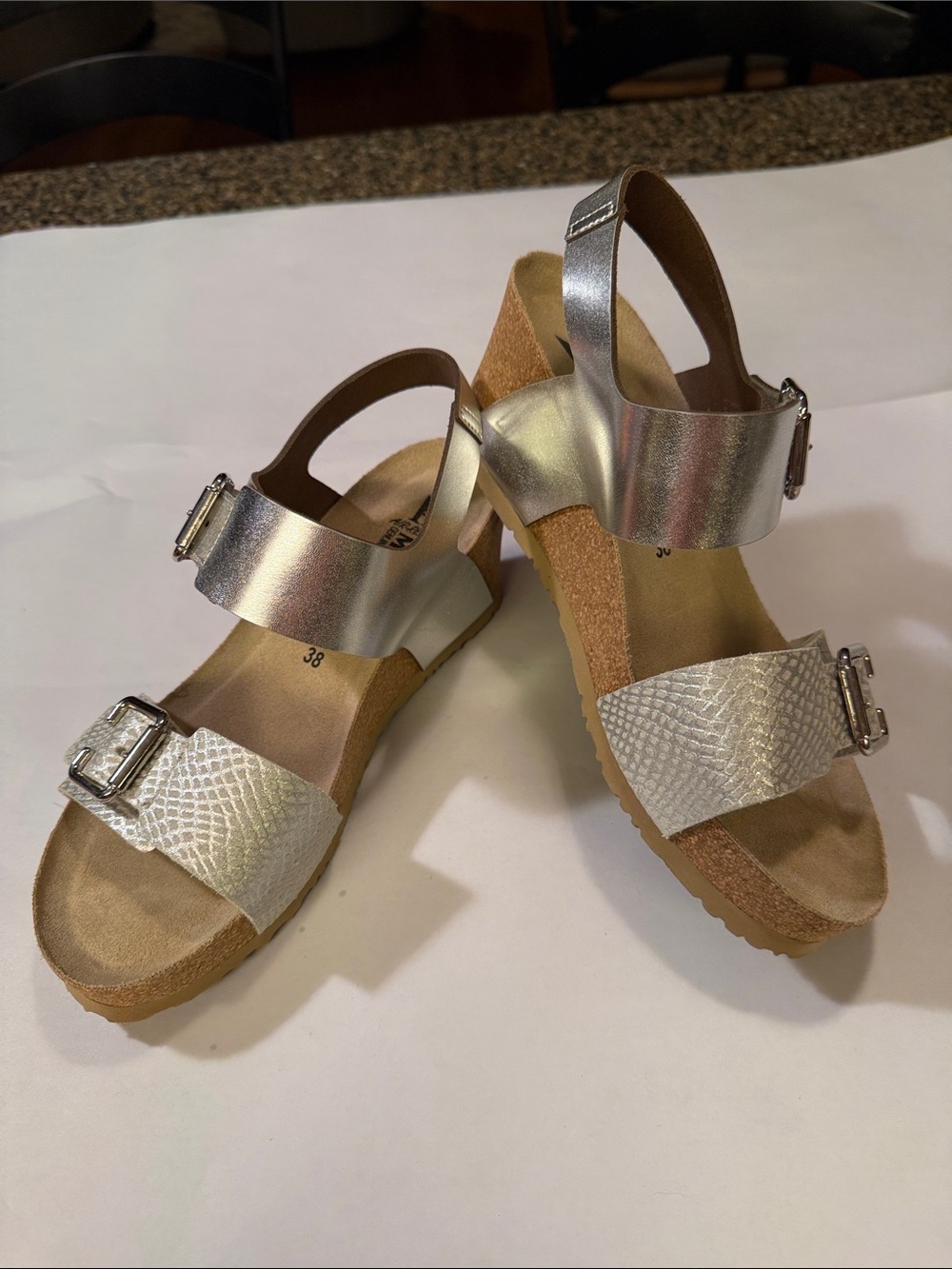 Mephisto Lissandra Platform Wedge Silver Metallic Buckle Sandal